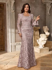 Aureia Plus Size Small Stand Collar Luxury Beaded Flare Sleeve Mermaid Tail Heavy Embellished Evening Gown - Dusty Pink - View 7