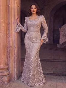 Aureia Plus Size Small Stand Collar Luxury Beaded Flare Sleeve Mermaid Tail Heavy Embellished Evening Gown - Dusty Pink - View 1