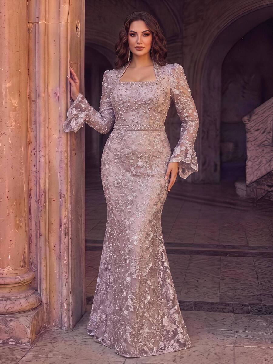 Aureia Plus Size Small Stand Collar Luxury Beaded Flare Sleeve Mermaid Tail Heavy Embellished Evening Gown - Dusty Pink - View 1