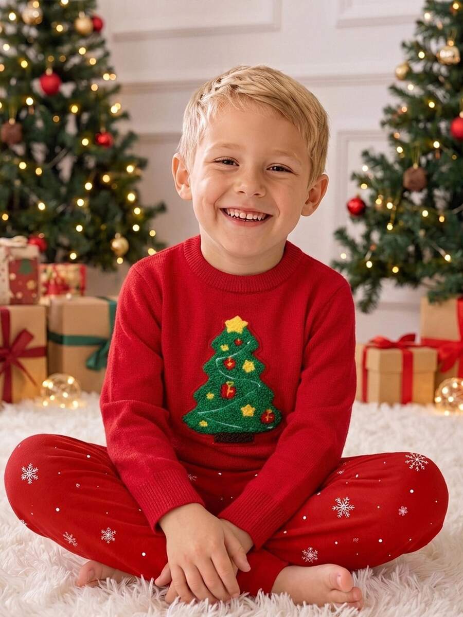 SHEIN 1件男童休閒舒適時尚簡約合身實用百搭聖誕老人厚款紅色毛衣，適合日常穿著、上學、旅行、運動、聖誕節、秋冬季節 - 紅色 - 查看 1