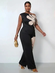 Zivah New Summer/Fall Plus Size Women's Off Shoulder Ruched Top And Wide Leg Pants 2pcs Elegant Holiday Festival Vacation Vintage Floral Print Black - Multicolor - View 5