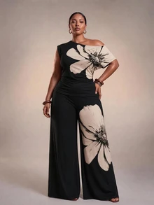 Zivah New Summer/Fall Plus Size Women's Off Shoulder Ruched Top And Wide Leg Pants 2pcs Elegant Holiday Festival Vacation Vintage Floral Print Black - Multicolor - View 2