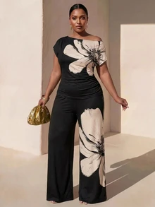Zivah New Summer/Fall Plus Size Women's Off Shoulder Ruched Top And Wide Leg Pants 2pcs Elegant Holiday Festival Vacation Vintage Floral Print Black - Multicolor - View 7