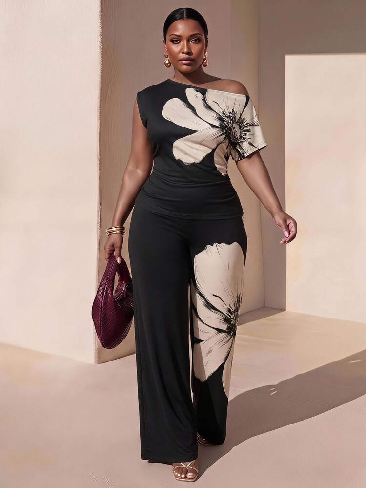 Zivah New Summer/Fall Plus Size Women's Off Shoulder Ruched Top And Wide Leg Pants 2pcs Elegant Holiday Festival Vacation Vintage Floral Print Black - Multicolor - View 10