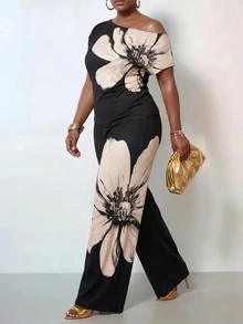 Zivah New Summer/Fall Plus Size Women's Off Shoulder Ruched Top And Wide Leg Pants 2pcs Elegant Holiday Festival Vacation Vintage Floral Print Black - Multicolor - View 6