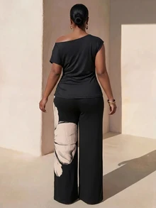 Zivah New Summer/Fall Plus Size Women's Off Shoulder Ruched Top And Wide Leg Pants 2pcs Elegant Holiday Festival Vacation Vintage Floral Print Black - Multicolor - View 3
