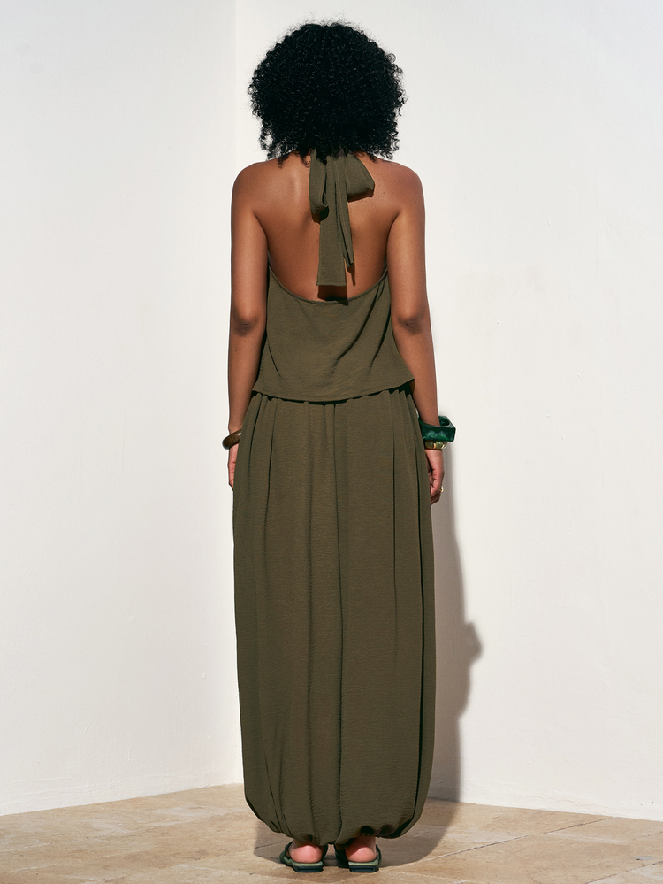 Zivah 2026 Spring/Summer Vacation Casual Boho Draped Neck Backless Halter Top + Unique Pleated Lantern Pants Set Olive Green - Green - View 2