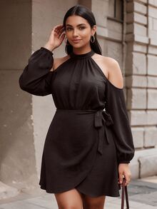 Weeklong Plus Size Cold Shoulder Halter Neck Belted Wrap Mini Dress, Casual Long Puff Sleeve Short Dress Fall - Coffee Brown - View 1