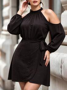 Weeklong Plus Size Cold Shoulder Halter Neck Belted Wrap Mini Dress, Casual Long Puff Sleeve Short Dress Fall - Coffee Brown - View 4