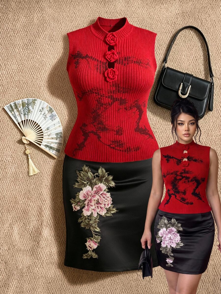 EastFlair Plus Size Women's 3D Floral Decor Casual Elegant Corset Daily Wear Top Party Dinner Red Fall Fall/Winter Chinese Style - Red - View 1
