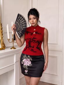 EastFlair Plus Size Women's 3D Floral Decor Casual Elegant Corset Daily Wear Top Party Dinner Red Fall Fall/Winter Chinese Style - Red - View 4