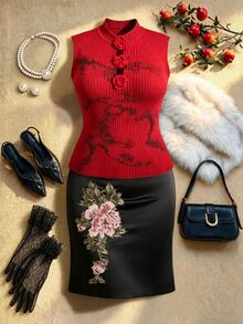 EastFlair Plus Size Women's 3D Floral Decor Casual Elegant Corset Daily Wear Top Party Dinner Red Fall Fall/Winter Chinese Style - Red - View 2