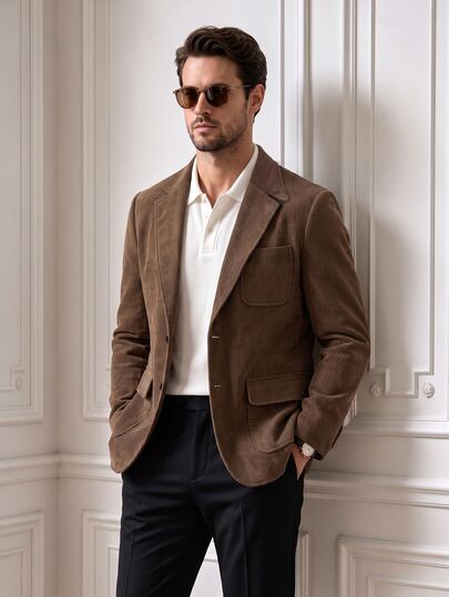 Core Aspect Men's Earth Tone Casual Blazer, Old Money Style Corduroy Brown Jacket, Daily Commute Casual Wear