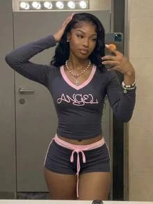 Fiercella Fiercella Women 2-Piece Set, Greya And Pink Top, Shorts Sets.Letter Print,Slim Fit For Gym,Y2k,Sports,Afro Fashion Outfits - Grey - View 9