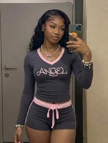 Fiercella Fiercella Women 2-Piece Set, Greya And Pink Top, Shorts Sets.Letter Print,Slim Fit For Gym,Y2k,Sports,Afro Fashion Outfits - Grey - View 1