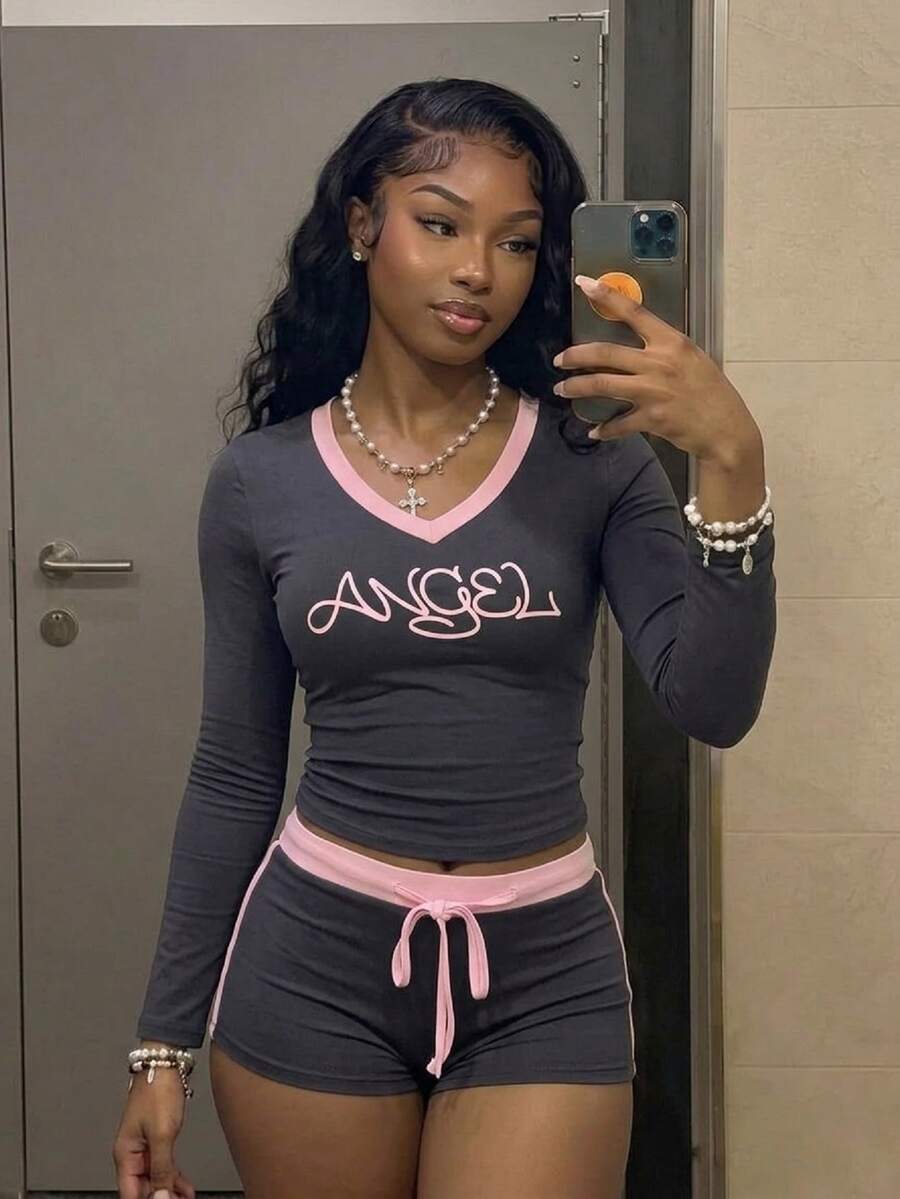 Fiercella Fiercella Women 2-Piece Set, Greya And Pink Top, Shorts Sets.Letter Print,Slim Fit For Gym,Y2k,Sports,Afro Fashion Outfits - Grey - View 1