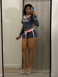 Fiercella Fiercella Women 2-Piece Set, Greya And Pink Top, Shorts Sets.Letter Print,Slim Fit For Gym,Y2k,Sports,Afro Fashion Outfits - Grey - View 8