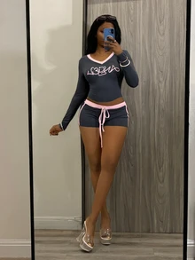 Fiercella Fiercella Women 2-Piece Set, Greya And Pink Top, Shorts Sets.Letter Print,Slim Fit For Gym,Y2k,Sports,Afro Fashion Outfits - Grey - View 7