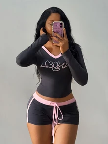 Fiercella Fiercella Women 2-Piece Set, Greya And Pink Top, Shorts Sets.Letter Print,Slim Fit For Gym,Y2k,Sports,Afro Fashion Outfits - Grey - View 6