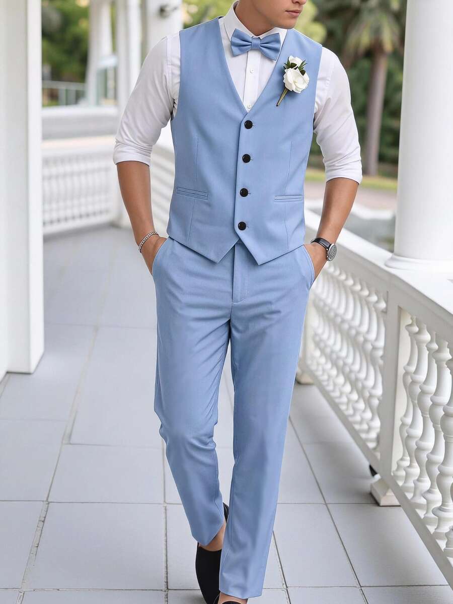 SHEIN 2pcs/Set Teen Boy Gentleman Outfit - White Slim Fit Vest + Elegant Trousers, Formal Suit For Birthday, Party Sixth Form, Wedding, Summer Blue