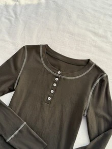 Attitoon Women's Button Half-Placket Long Sleeve Casual T-Shirt - Grey - View 2