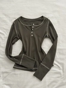 Attitoon Women's Button Half-Placket Long Sleeve Casual T-Shirt - Grey - View 5