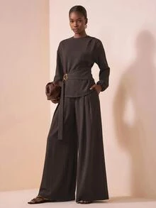 Zivah 2025秋季新款音樂節西式優雅遊牧風生日派對晚餐辦公室女款上衣與長褲寬腿兩件套 深棕色 - 棕色 - 查看 4