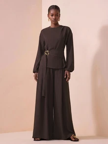 Zivah 2025秋季新款音樂節西式優雅遊牧風生日派對晚餐辦公室女款上衣與長褲寬腿兩件套 深棕色 - 棕色 - 查看 6
