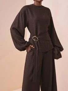 Zivah 2025秋季新款音樂節西式優雅遊牧風生日派對晚餐辦公室女款上衣與長褲寬腿兩件套 深棕色 - 棕色 - 查看 3
