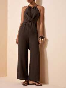 Zivah Women's Dark Brown Halter Neck Ruched Criss-Cross Linen Wide Leg Jumpsuit,Elegant Summer Vacation Holiday Boho Style For Beach,Party & Wedding Guest - Brown - View 5