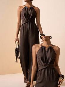 Zivah Women's Dark Brown Halter Neck Ruched Criss-Cross Linen Wide Leg Jumpsuit,Elegant Summer Vacation Holiday Boho Style For Beach,Party & Wedding Guest - Brown - View 1