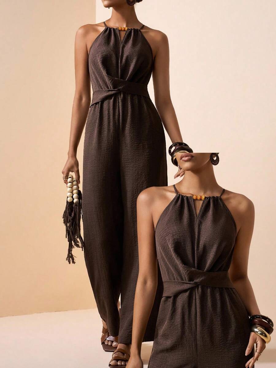 Zivah Women's Dark Brown Halter Neck Ruched Criss-Cross Linen Wide Leg Jumpsuit,Elegant Summer Vacation Holiday Boho Style For Beach,Party & Wedding Guest - Brown - View 1