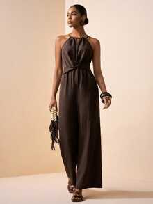 Zivah Women's Dark Brown Halter Neck Ruched Criss-Cross Linen Wide Leg Jumpsuit,Elegant Summer Vacation Holiday Boho Style For Beach,Party & Wedding Guest - Brown - View 7