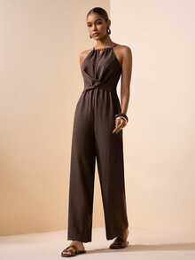 Zivah Women's Dark Brown Halter Neck Ruched Criss-Cross Linen Wide Leg Jumpsuit,Elegant Summer Vacation Holiday Boho Style For Beach,Party & Wedding Guest - Brown - View 3