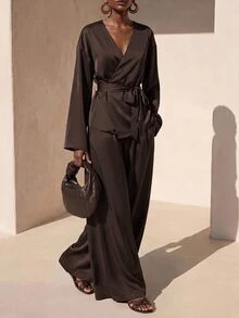 Zivah Women's Solid Color V-Neck Wrap Top And Wide Leg Pants Casual Daily Set - Brown - View 7
