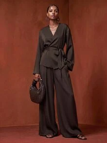Zivah Women's Solid Color V-Neck Wrap Top And Wide Leg Pants Casual Daily Set - Brown - View 6