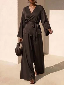 Zivah Women's Solid Color V-Neck Wrap Top And Wide Leg Pants Casual Daily Set - Brown - View 10