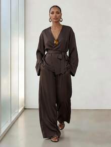 Zivah Women's Solid Color V-Neck Wrap Top And Wide Leg Pants Casual Daily Set - Brown - View 4
