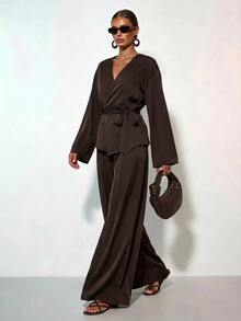 Zivah Women's Solid Color V-Neck Wrap Top And Wide Leg Pants Casual Daily Set - Brown - View 11