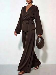 Zivah Women's Solid Color V-Neck Wrap Top And Wide Leg Pants Casual Daily Set - Brown - View 12