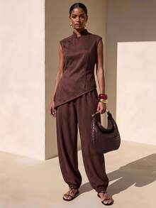 Zivah Women's Solid Color Top And Pants Casual Elegant Daily 2 Pieces Set Brunch Tea Party Dark Brown Summer - Multicolor - View 2