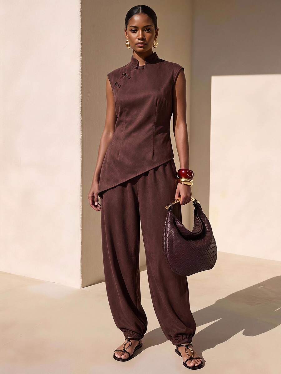 Zivah Women's Solid Color Top And Pants Casual Elegant Daily 2 Pieces Set Brunch Tea Party Dark Brown Summer