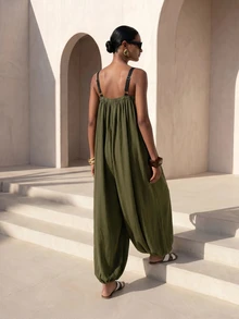 Zivah Women's Solid Color Ruched Casual Everyday Vacation Harem Pants Olive Green Summer Beach - Army Green - View 2