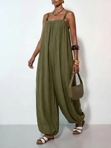 Zivah Women's Solid Color Ruched Casual Everyday Vacation Harem Pants Olive Green Summer Beach - Army Green - View 3