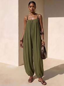 Zivah Women's Solid Color Ruched Casual Everyday Vacation Harem Pants Olive Green Summer Beach - Army Green - View 1