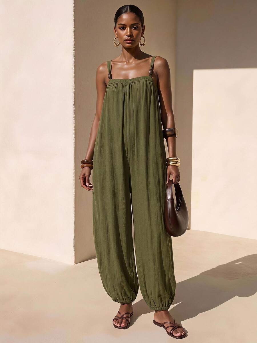 Zivah Women's Solid Color Ruched Casual Everyday Vacation Harem Pants Olive Green Summer Beach - Army Green - View 1