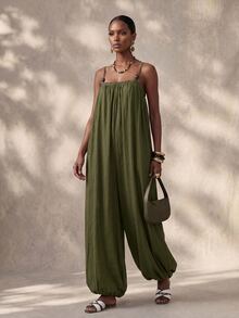 Zivah Women's Solid Color Ruched Casual Everyday Vacation Harem Pants Olive Green Summer Beach - Army Green - View 8