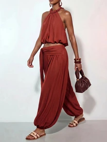 Zivah Women Summer Boho Jamaican Matching Tropical Breezy European Rust Brown Two Pieces Set Spaghetti Strap Backless Tank Top Jogger Pants Beach - Rust Brown - View 4