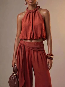 Zivah Women Summer Boho Jamaican Matching Tropical Breezy European Rust Brown Two Pieces Set Spaghetti Strap Backless Tank Top Jogger Pants Beach - Rust Brown - View 8
