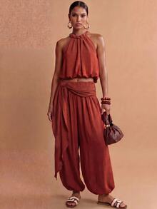 Zivah Women Summer Boho Jamaican Matching Tropical Breezy European Rust Brown Two Pieces Set Spaghetti Strap Backless Tank Top Jogger Pants Beach - Rust Brown - View 9